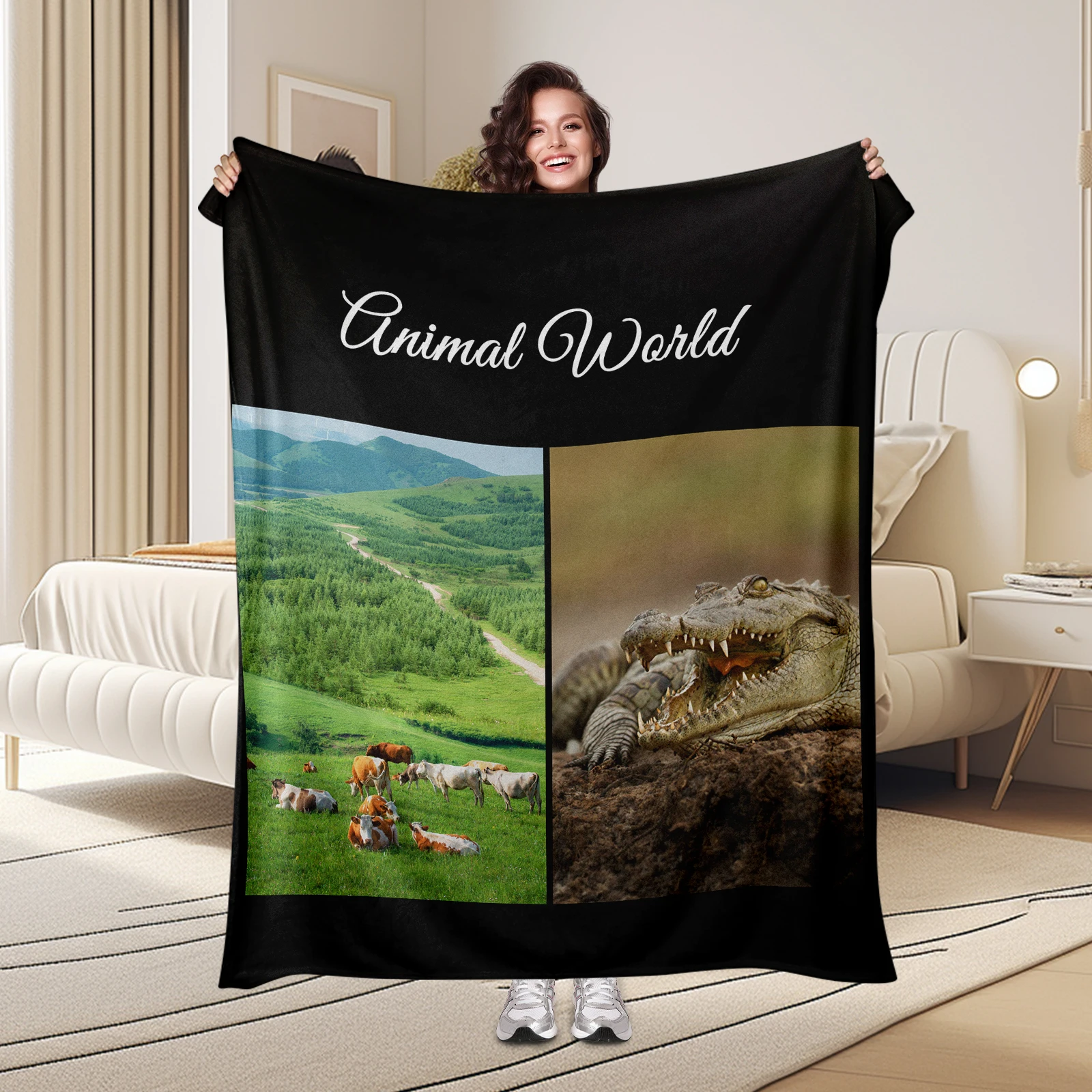 Animal World Wonders With Photo Customizable Blanket Prairie Cattle And Rock Crocodile Living Room Office Decor Picnic Available