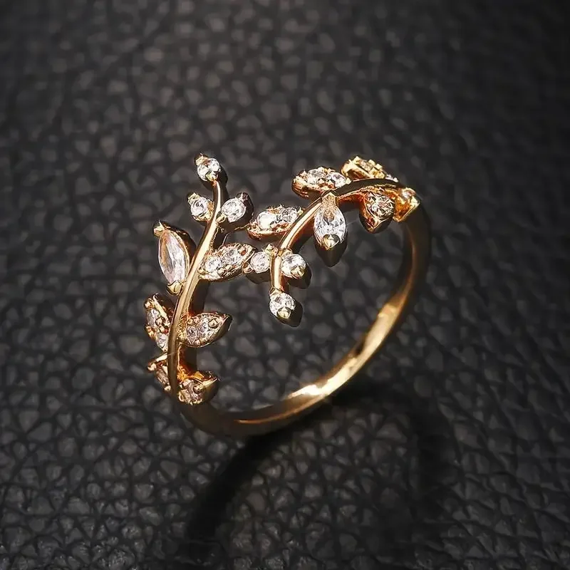 Fancy Leaf Design Adjustable Opening Rings for Women Sparkling Cubic Zirconia Olive Ring Party Daily Wear Fashion Jewelry