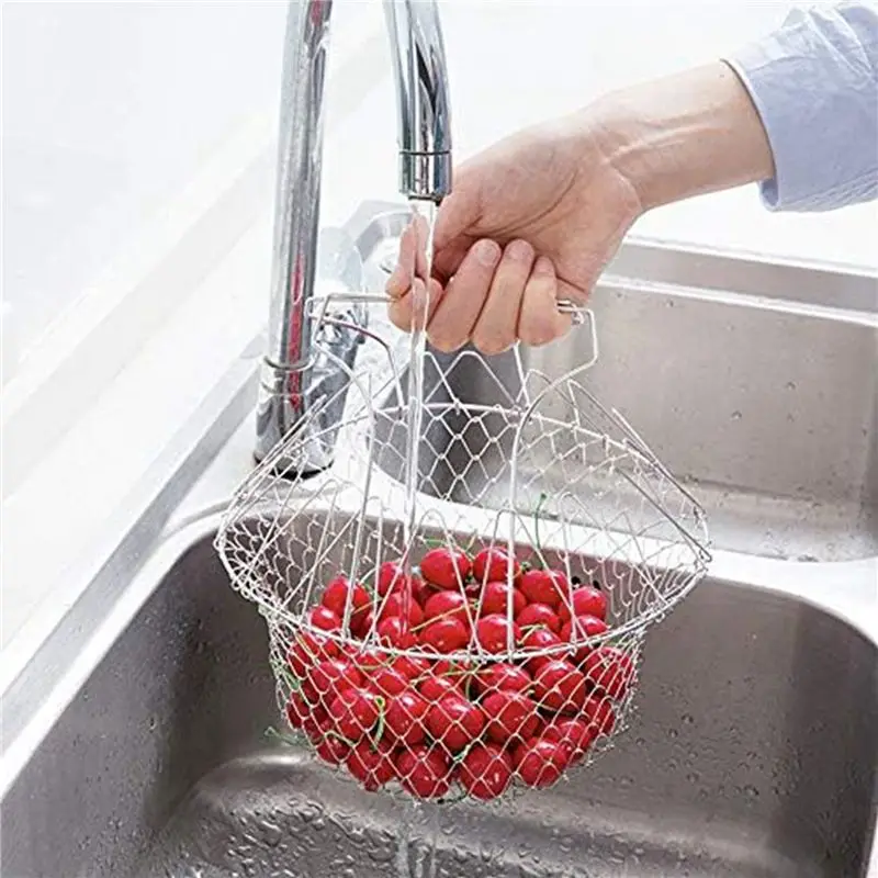 A84X-2X Kitchen Multi-Function Poaching Boiling Deep Frying Basket, Household Folding Draining Basket