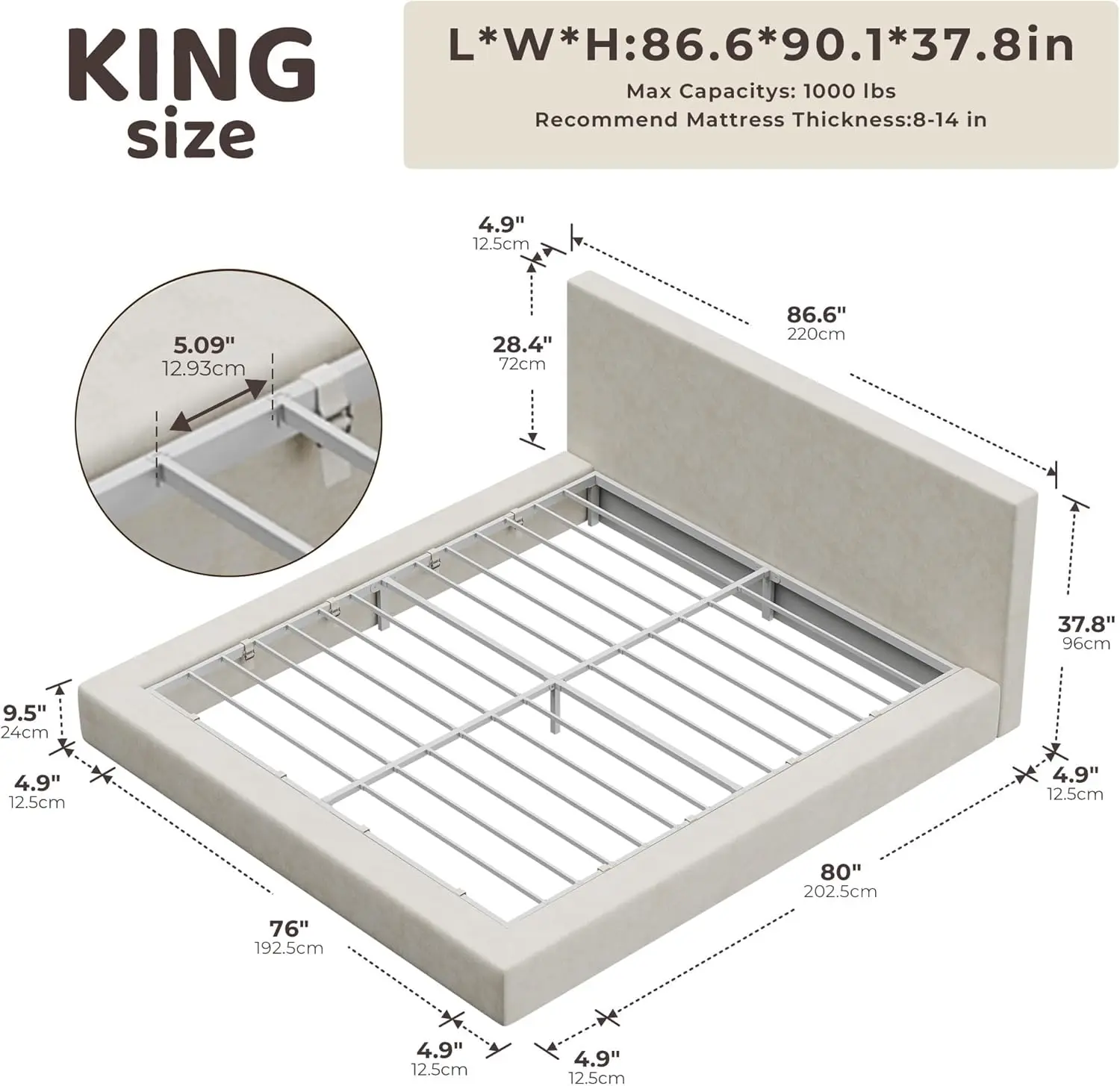 King Size Bed Frame with Headboard, Cloud Upholstered Platform Bed Frame, 5 Inch Foam Cushioned, No Box Spring, Easy Assembly