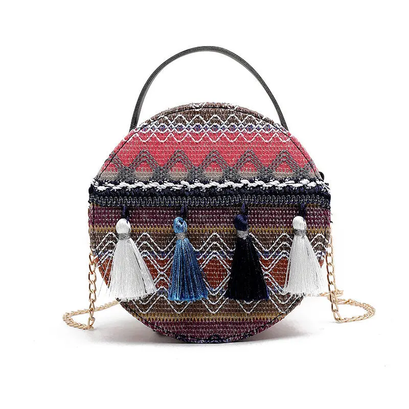 Retro Bag Ethnic Style Messenger Bag Chain Woven Bag Tassel Mobile Phone Bag Round Printed Bags Shoulder Bag Crossbody Bag