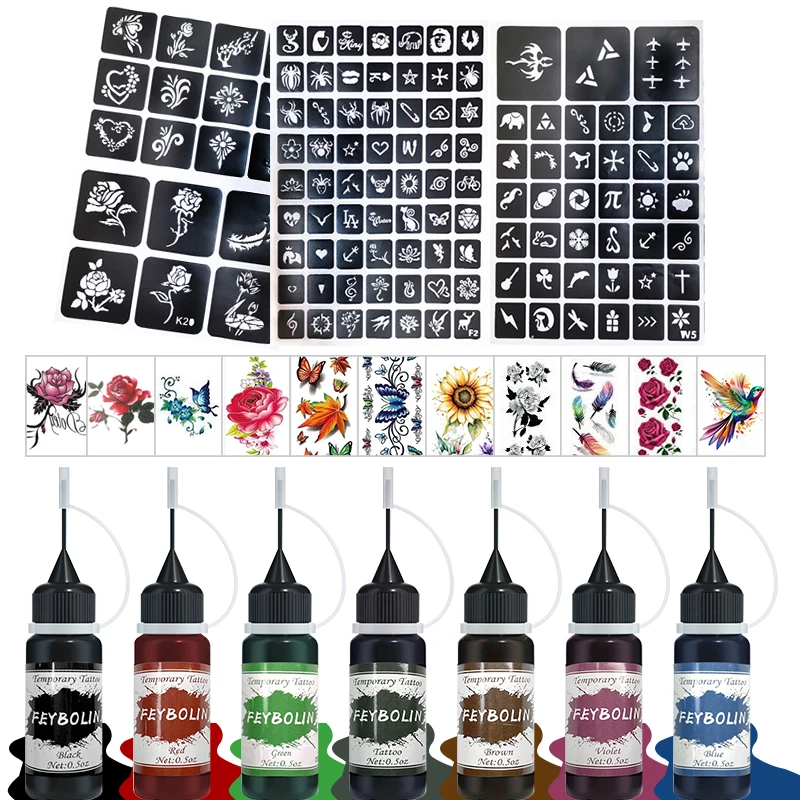 Long-Lasting Temporary Tattoo Inks with 3 Tattoo Stickers Kit, Freehand Painting Gel for Makeup Trend Party Tattoos for Face Bod