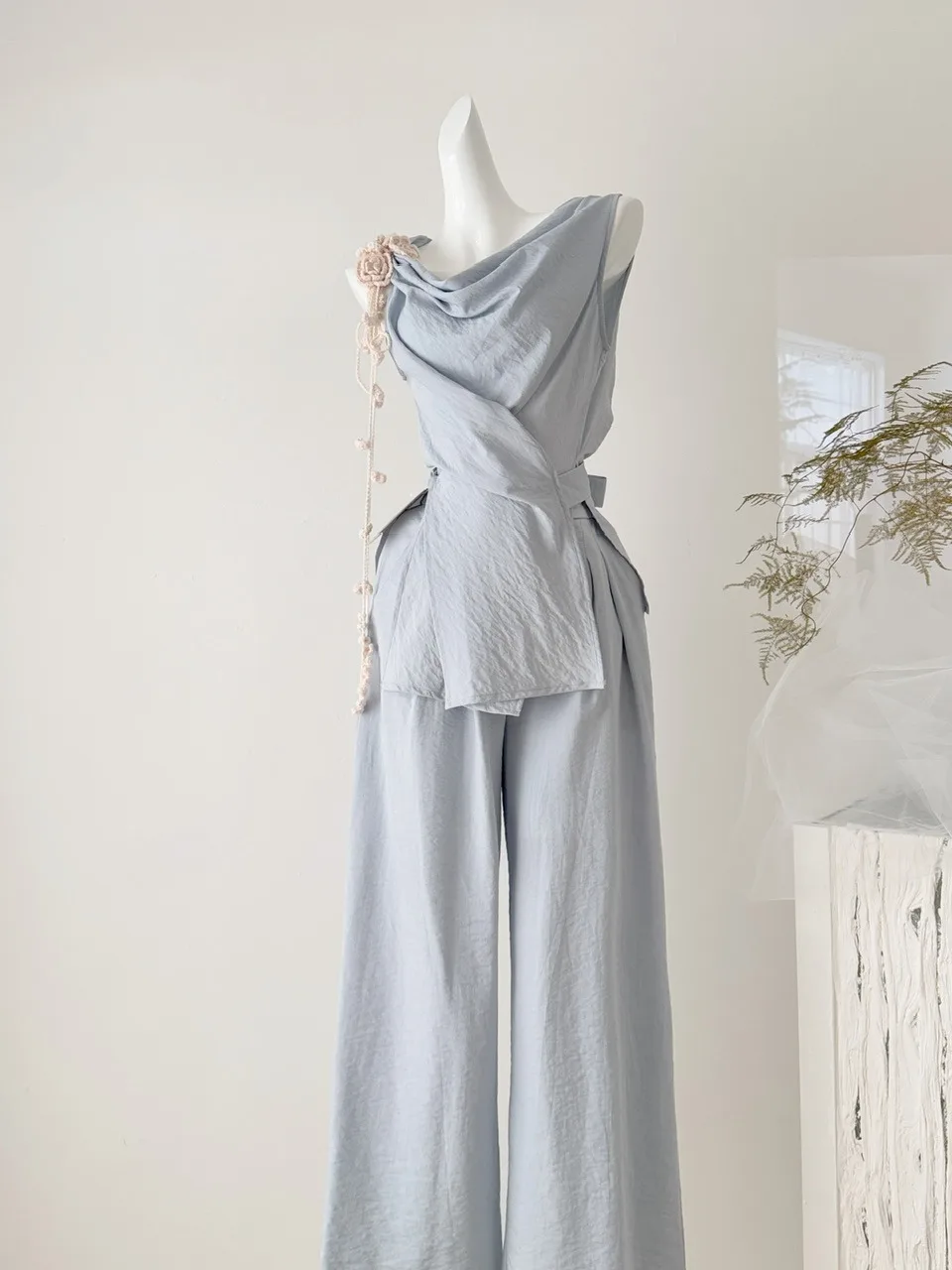 

Elegant High Waist Wide Leg Pants Two-Piece Set Women's Fashion Summer Outfit Sleeveless Neckline Cotton Long Trousers