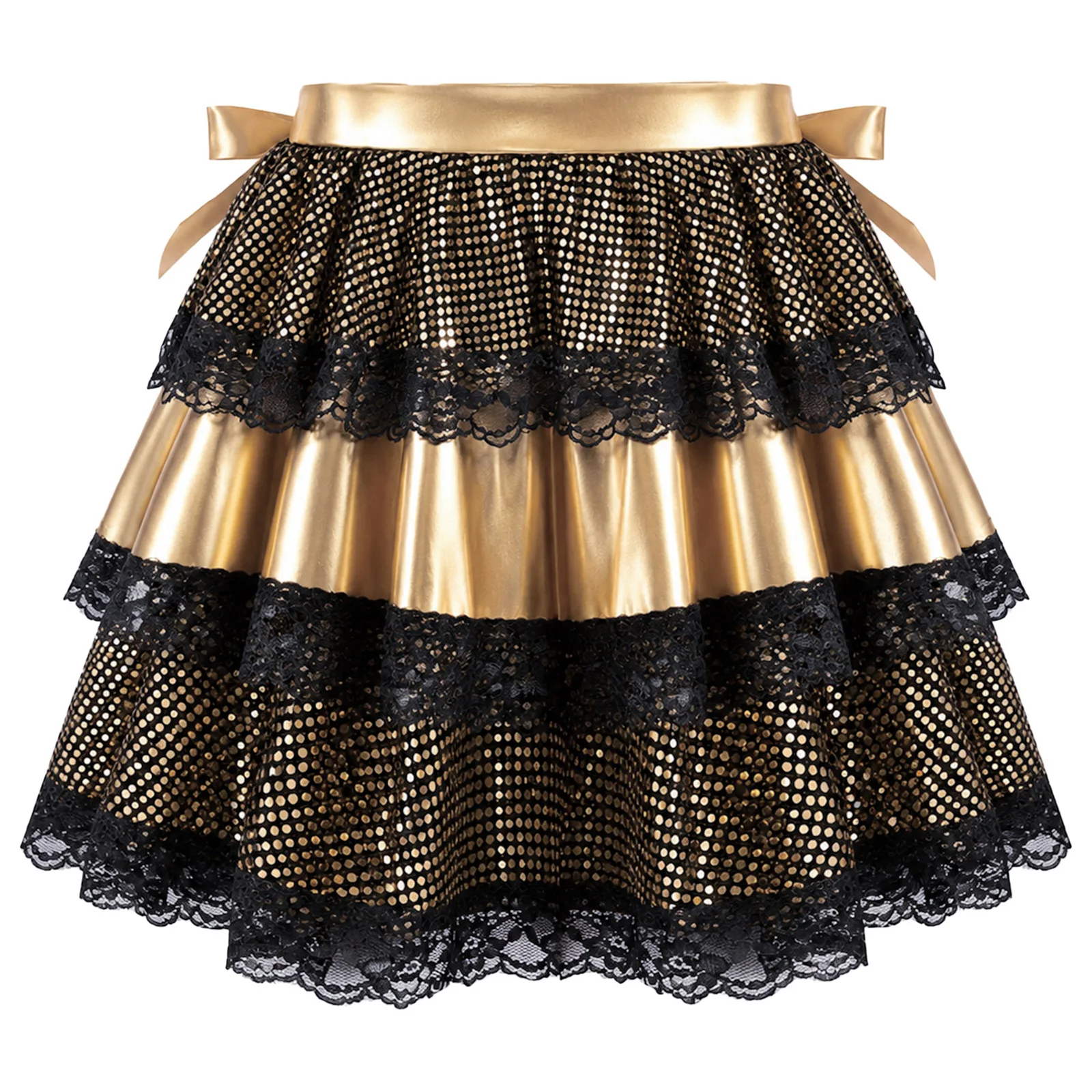 Kids Girls Lace Trim Tiered Ruffled A-line Skirt for Jazz Dancing Bowknots Elastic Waistband Sequin Dots Mini Skirt