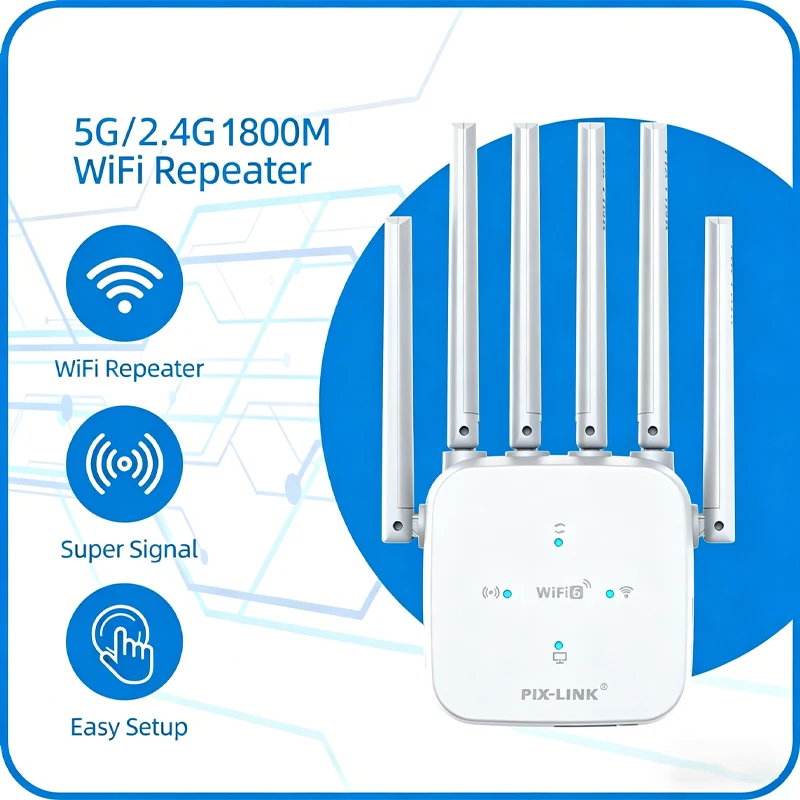 

PIX-LINK WiFi 6 Репитер AX1800 1800 Мбит/с, двухдиапазонный (5 ГГц/2,4 ГГц) усилитель сигнала Wi-Fi с 6 антеннами, режим репитера/AP для дома