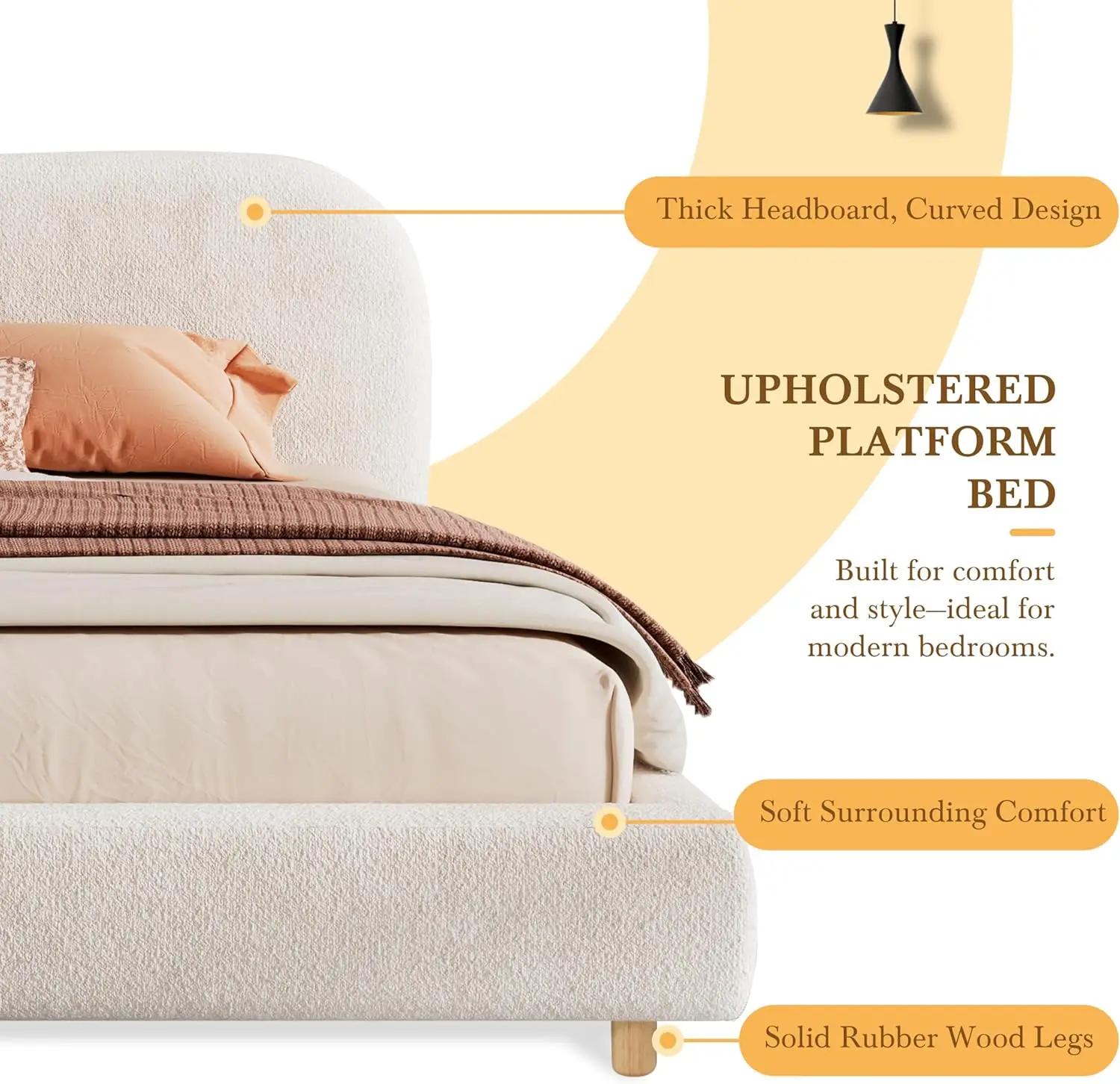 Size Teddy Fleece Thick Fabric Upholstered Platform Bed with Curved Shaped Headboard, Wood Bed Frame with Solid Roun