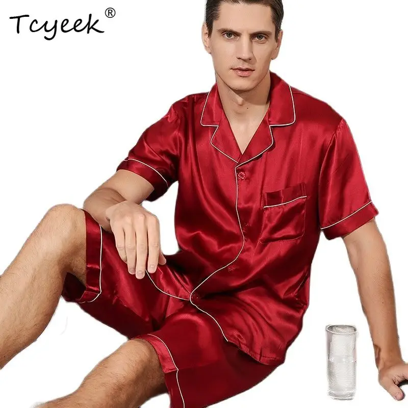 Tcyeek 19 Momme 100% Set Piyama Sutra Murni Pakaian Rumah Pria Celana Pendek Pakaian Santai Lengan Pendek Kasual Pria Setelan 2 Potong S38011QM