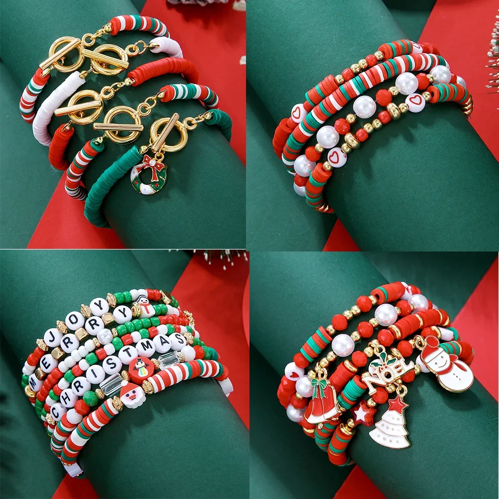 

Trendy New In Christmas Jewelry Set Holiday Bracelet Snow Man Santa Claus Polymer Clay Bracelet Set Gift Jewelry for Women
