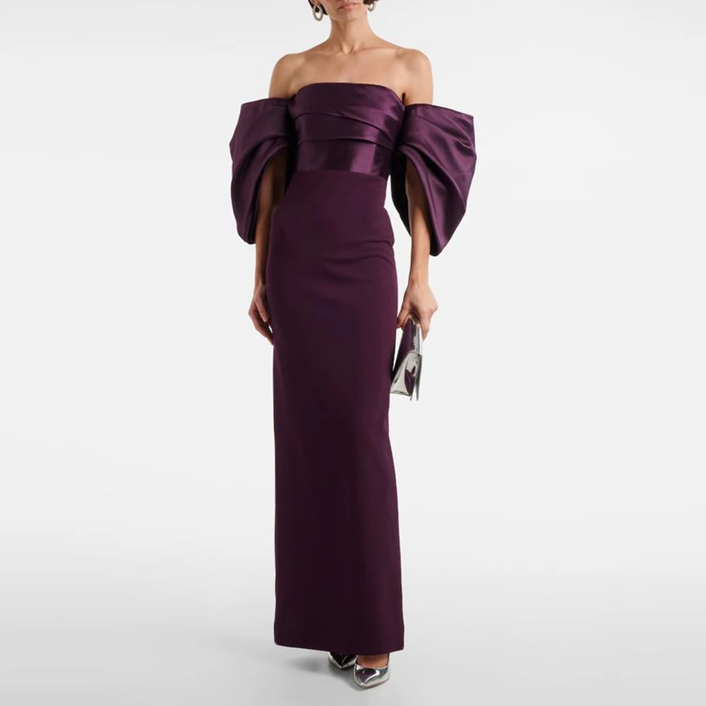 

Customized Simple Evening Dresses Off Shoulder Pleat Long Straight Prom Dresses Floor-Length Wedding Cocktail Party Dresses