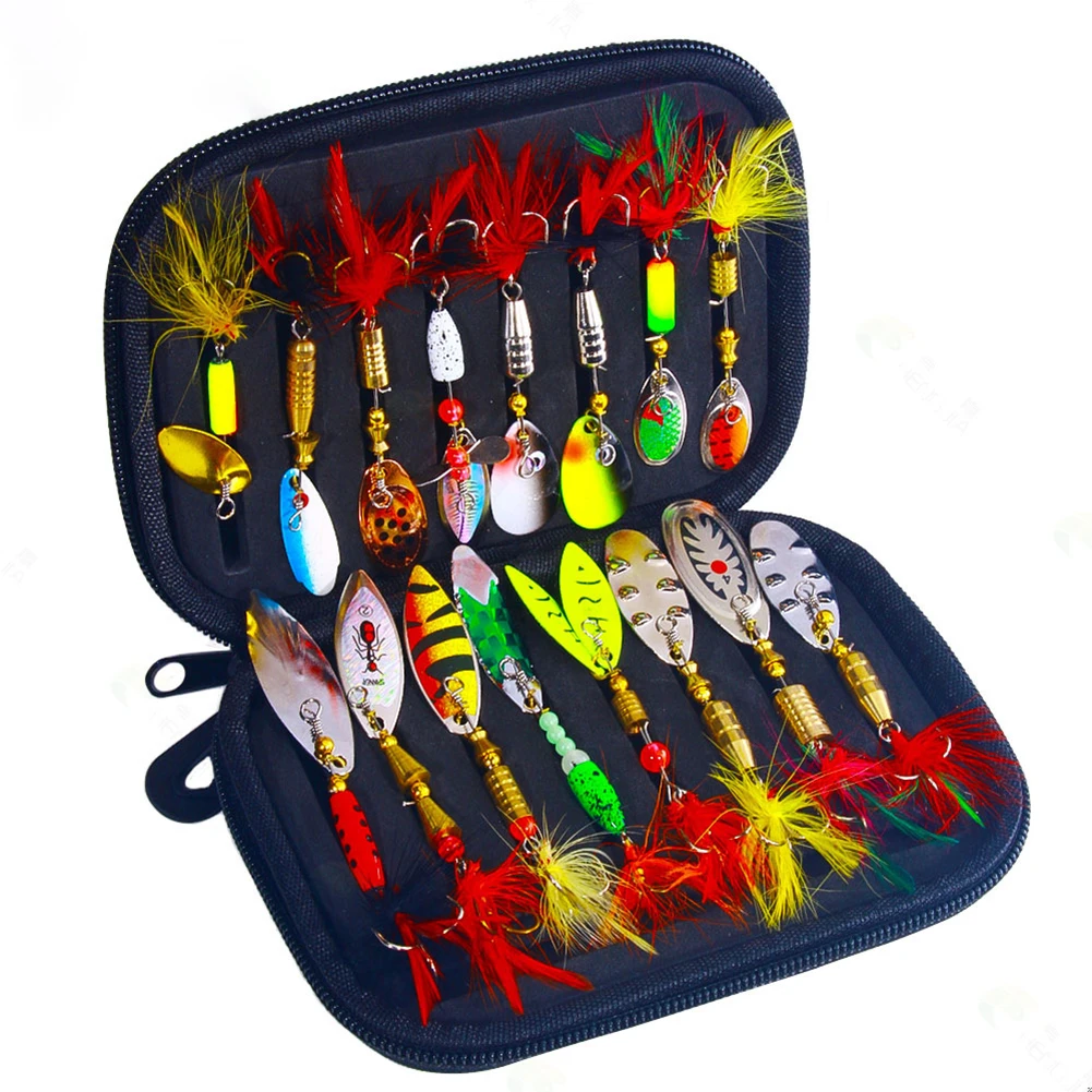 16PCS Spinner Lures Metal Bait Fishing Lure Spinnerbait Bass Trout Salmon Hard Metal Spinner Baits Kit With Tackle Box