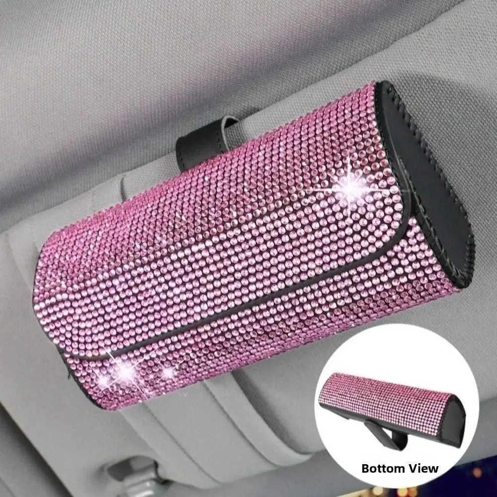 

Bling Sun Visor Glasses Case Luxury Rhinestone Car Eyeglasses Holder Clip Organizer PU Leather Sunglasses Storage Box