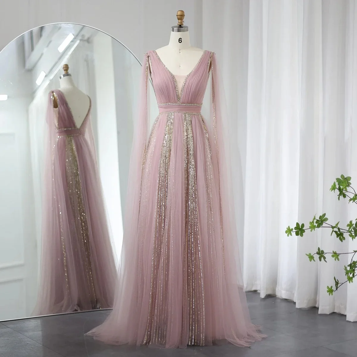 

High Quality Elegant Pink Tulle Customized Evening Dresses A-line V-Neck with Beadings Sequin Zipper Prom Gowns for Floor Length