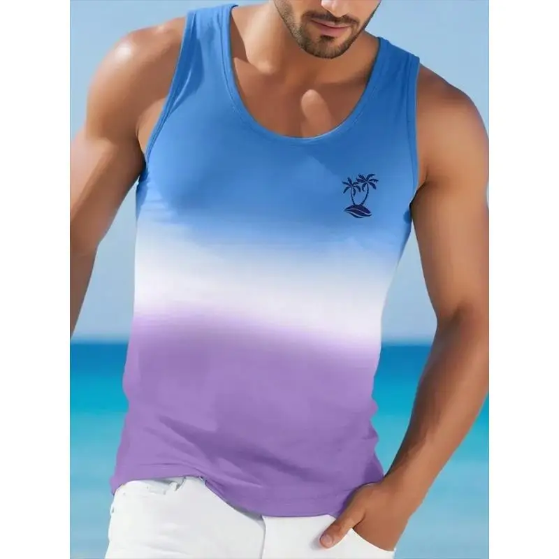 Gradient Coconut Tree 3D Print Tank Tops Men's Fitness Gym Top Oversized Harajuku Hawaiian Style Sleeveless Vest Man Clothing