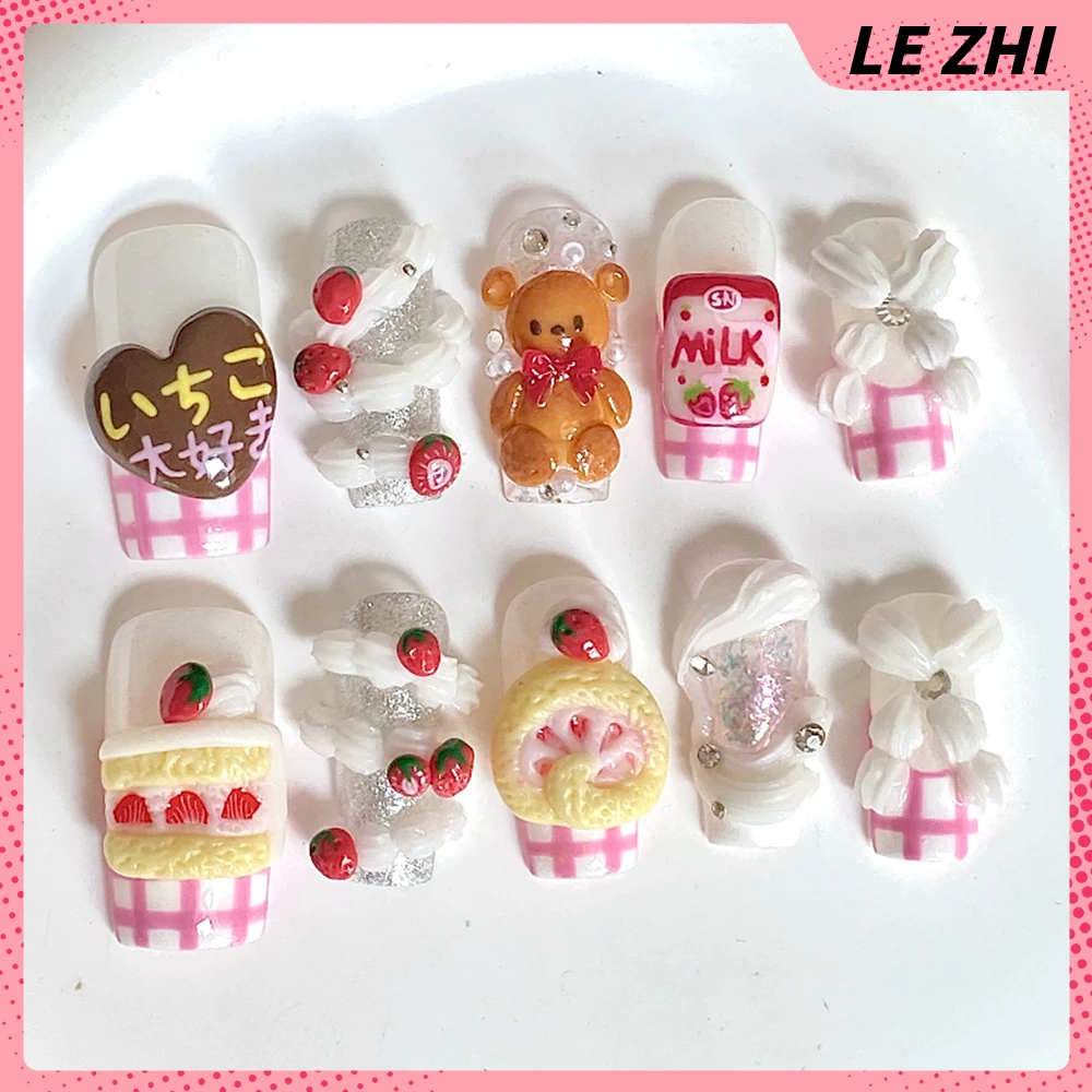 10 قطعة Y2K الكرتون مرحبا كيتي بلدي ميلودي اليدوية طويلة اللوز اضغط على الأظافر الحلو كول ثلاثية الأبعاد الزهور القوس أجنحة الماس وهمية مسمار