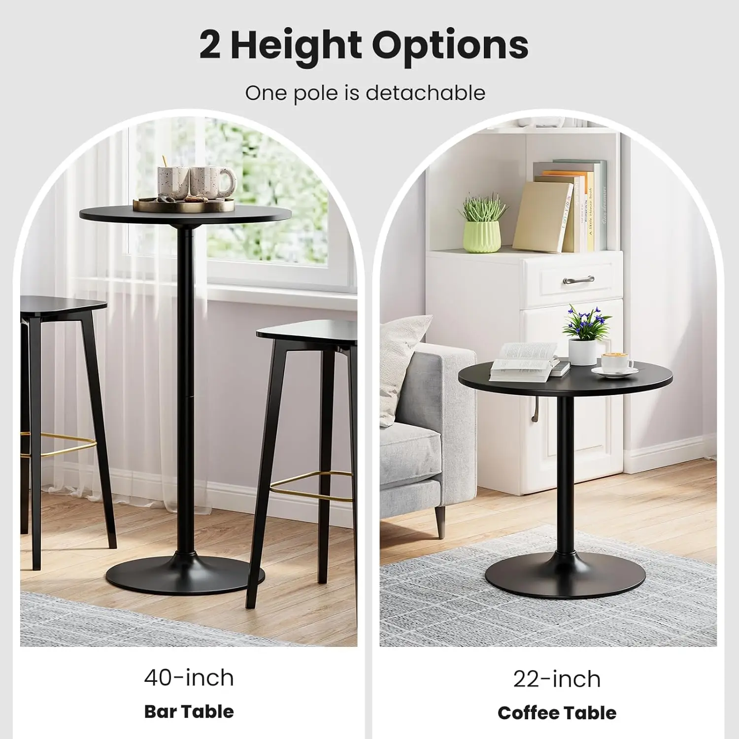 Two-in-one Bar Table with Detachable Pole, Metal Base, 24" Round Top, 40"/22" Two Convertible Height(4, Black)