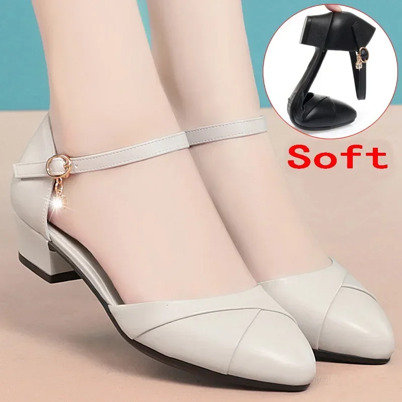 Soft Leather Thick Med Heels Pumps Mom\'s Shoes Summer New Buckle Strap Cover Head Sandal Soft Sole Hollow Office Career Shoe