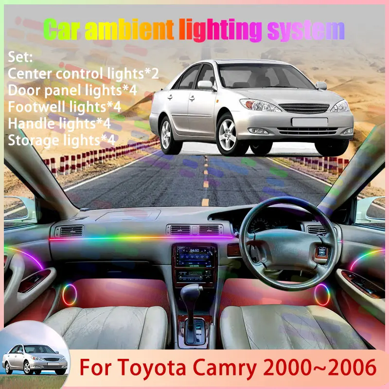 

Для Toyota Camry 2000 ~ 2006 MK6 6-й Daihatsu Altis 2/18 в 1, автомобильная атмосферная лампа, RGB абажур, ансамбль, стример, атмосферный набор