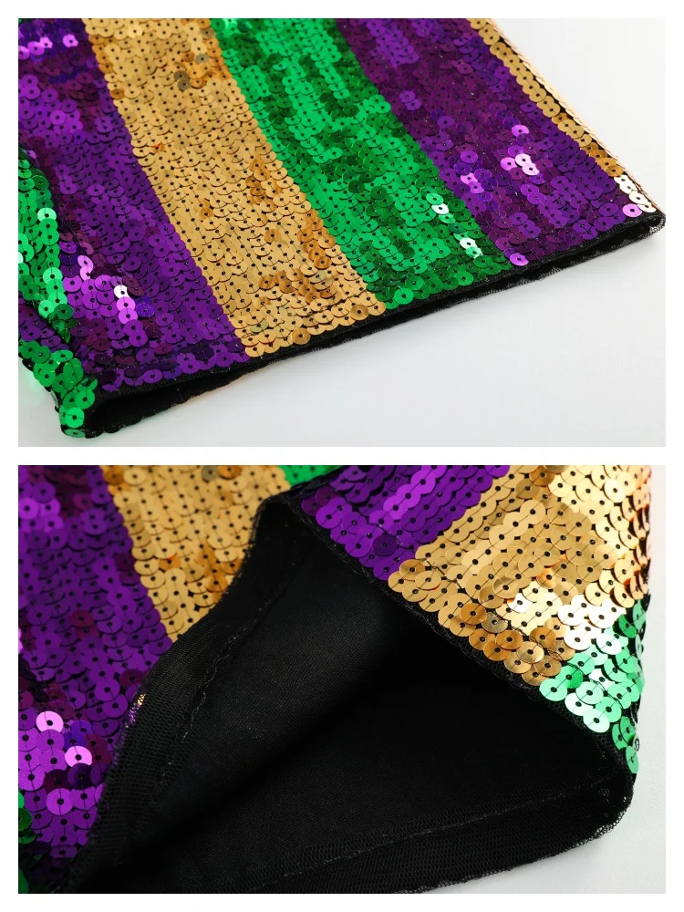 Brilhante tri cor verde ouro roxo lantejoulas listra camisa vestido 2025 mardi gras festival vestuário para mulher