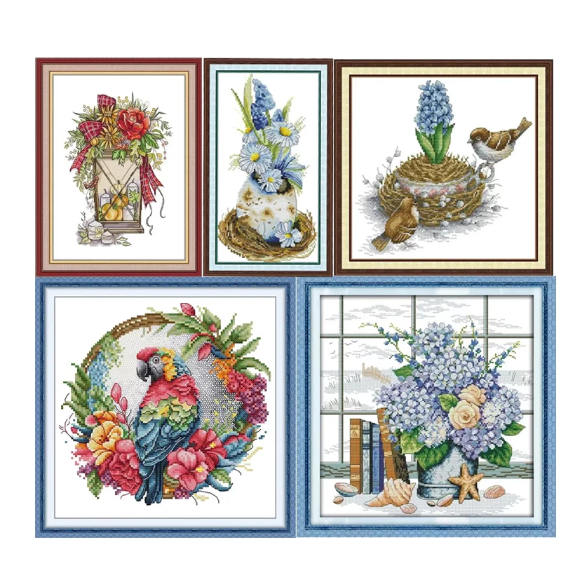 Joy Sunday Cross Stitch Kit Bird And Flowers Pattern Counted Printed Fabric Canvas Aida 16/14/11CT DIY Hand Embroidery Sets New