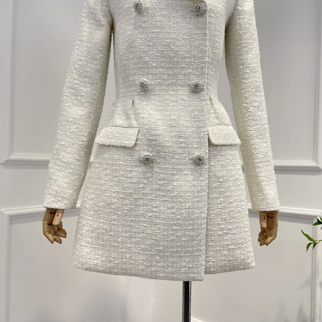 2025, neues Herbst-Minikleid aus hochwertigem Beige mit langen Ärmeln und Tweed für Damen