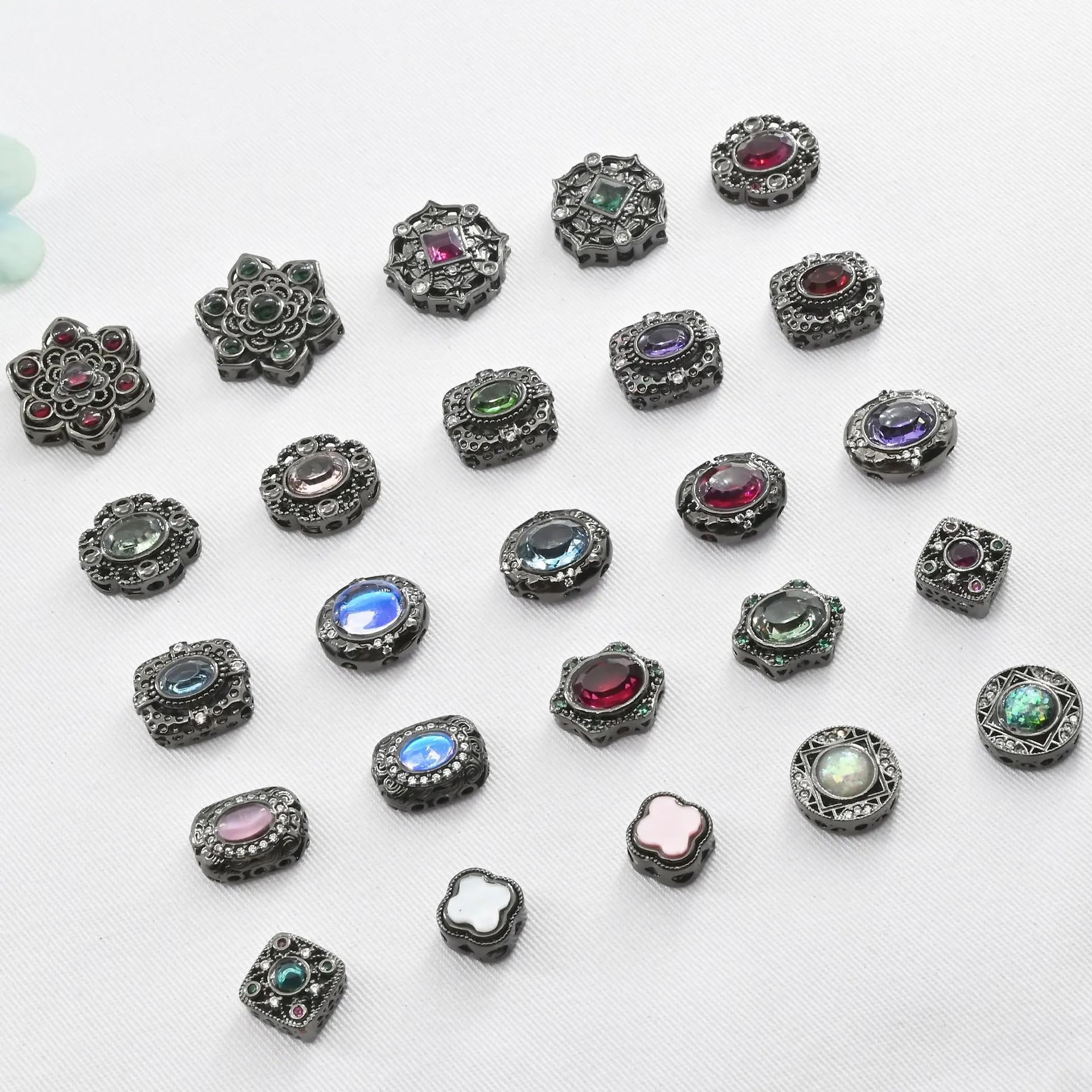 5pcs Copper Plated Gun Black Inlaid with Colored Zircon Pendant Hollow Bead DIY Bracelet Necklace Jewelry Material Accessories