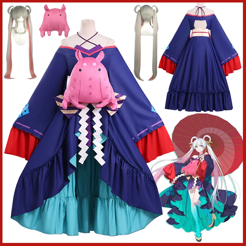 

Anime Cosmic Princess Kaguya Tsukimi Yachiyo Cosplay Costume Runami Yachiyo Party Stage Performance Blue Dress Doll Wig Skirt