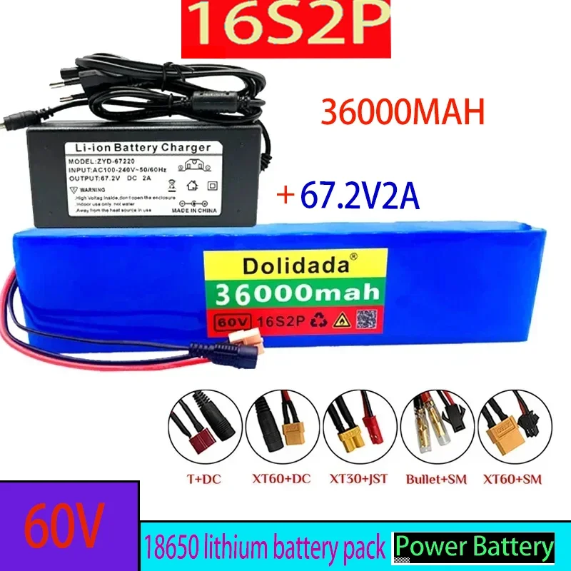 36000MAH 60V 16S2P 18650 Rechargeable Lithium Battery Pack for Ebike Electric Bike Scooter with BMS 67.2V Charger