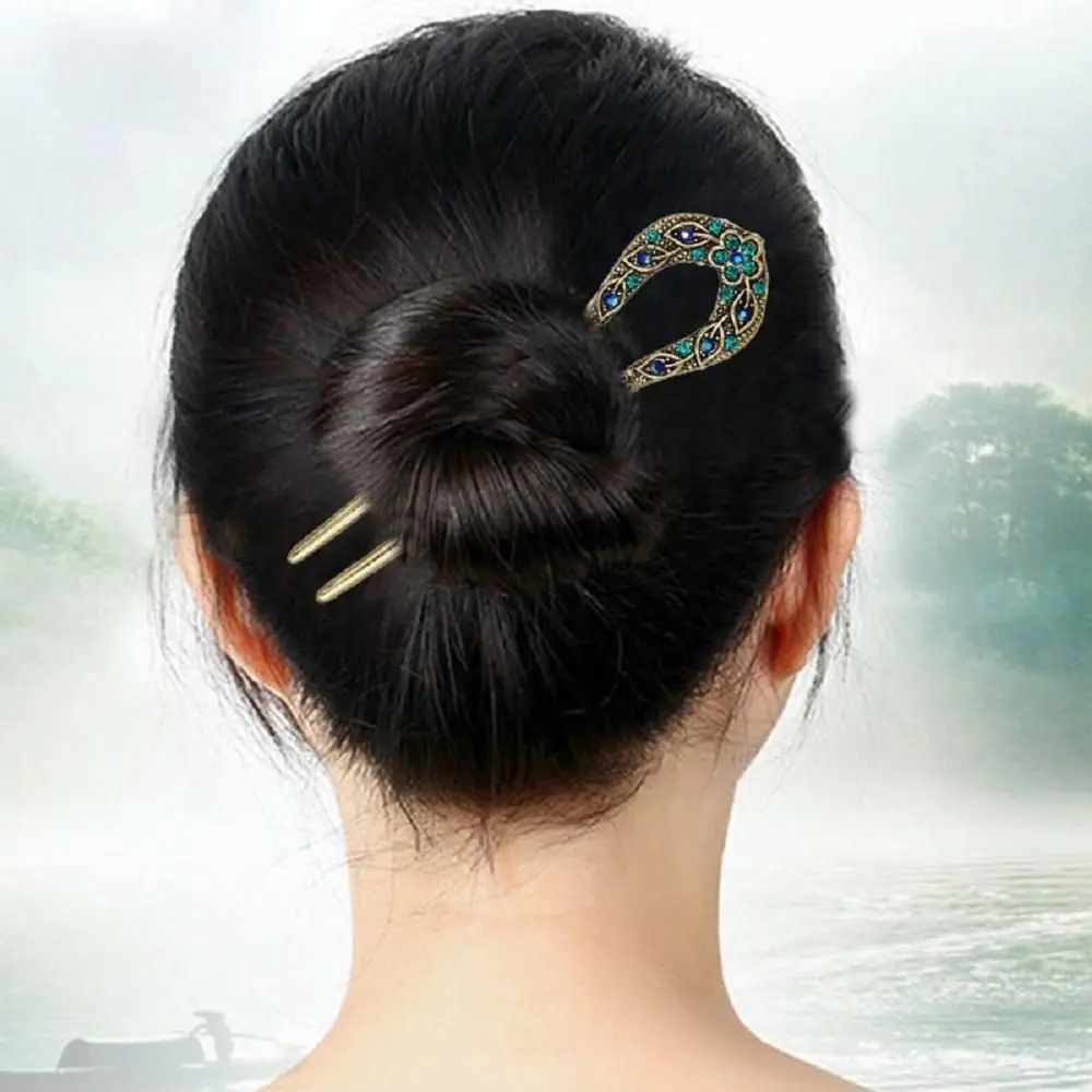 Delicate Antique Women Bronze Plated Rhinestone Stick Pin Hair Accessories Hairpins U-shaped