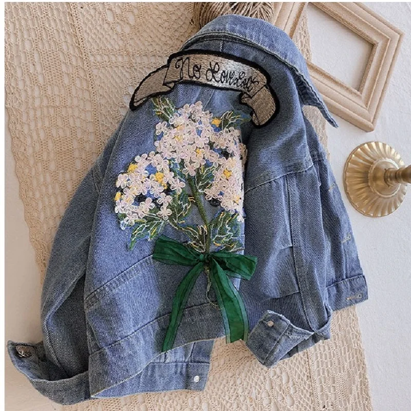 2024 Spring and Autumn Children\'s Coat New Fashionable and Cute Retro Flower Embroidered Girl\'s Cowboy Coat