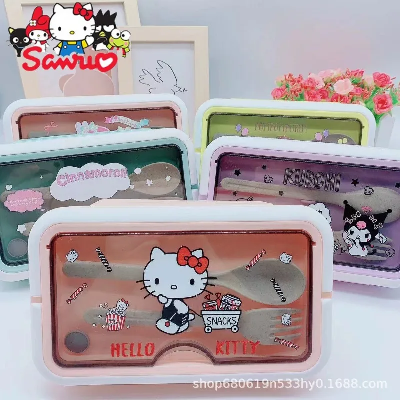 MINISO Melody Kuromi Hello Kitty Cinnamoroll Pochacco Cartoon School Lunch Box Microwave Cutlery Bento Box Plastic Fast Food Box