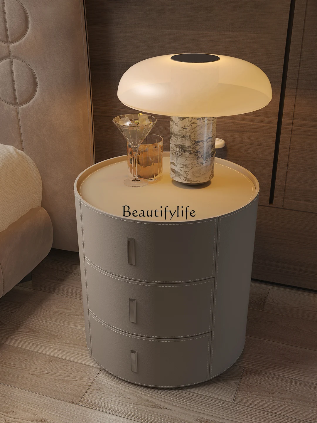 Italian-Style Light Luxury round Bedside Table Saddle Leather Retro Creative Locker