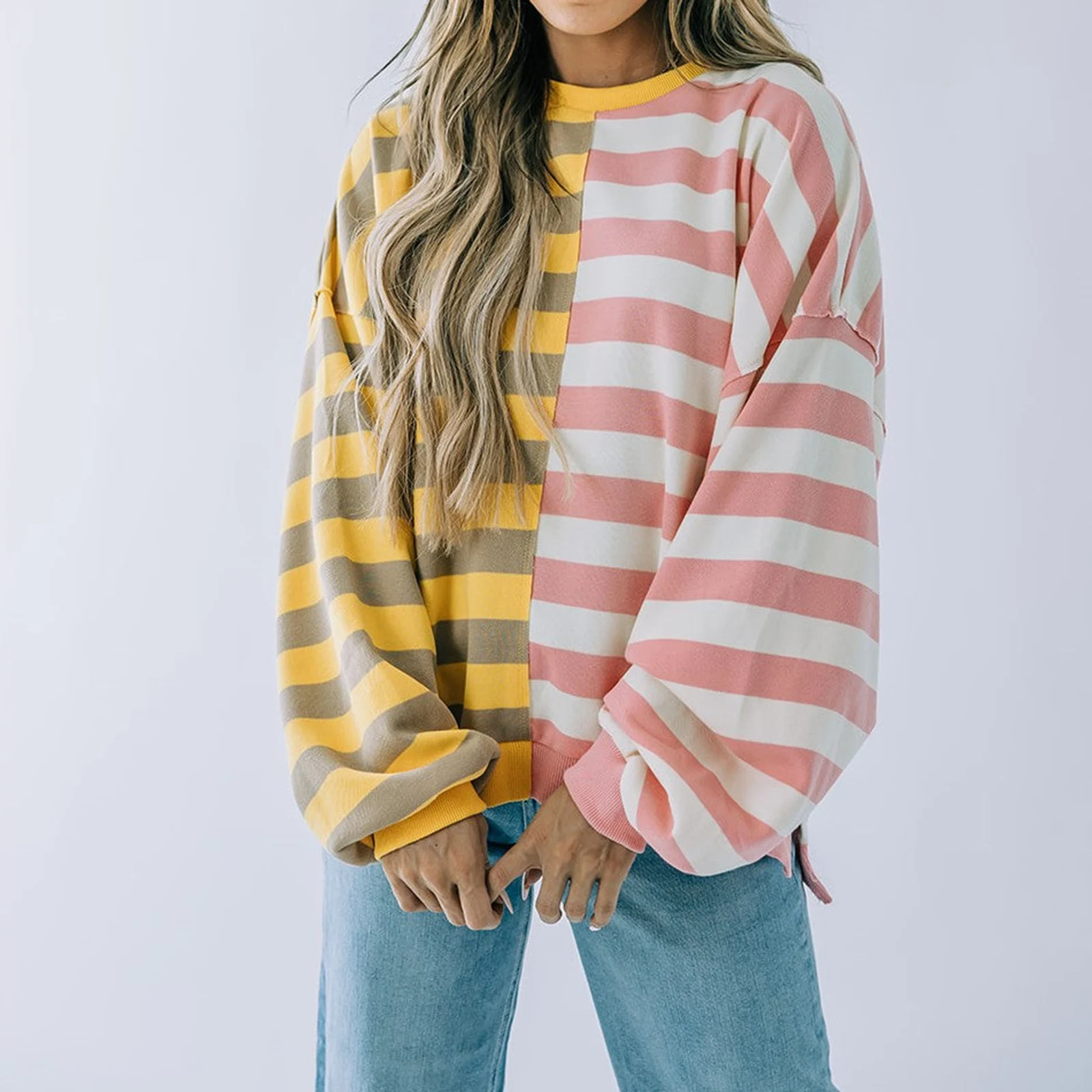 2000s Women's Clothing  Spring Autumn Trendy Loose Sweatshirt Casual Daily Long Sleeve Round Neck Striped Pullover Streetwear