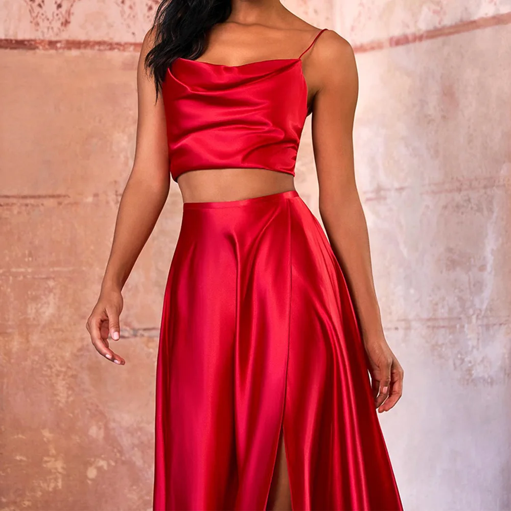 Zipper Back Sleeveless Satin Spaghetti Straps Boat Neck Floor Length Side Slit A-Line Delicate and Temperament Evening Dress