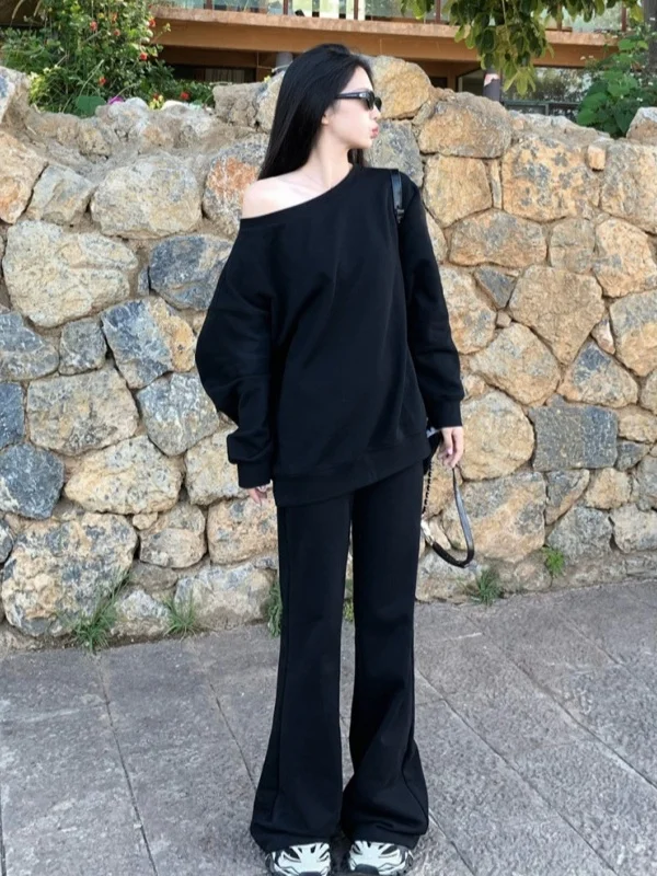 

Американский свитшот с открытыми плечами, женский, с длинным рукавом, осенний, повседневный, модный, с принтом, свободного кроя, в корейском стиле, для поездок на работу