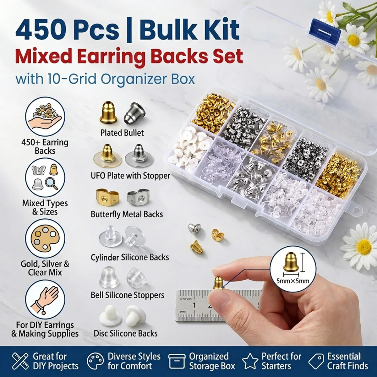 

450pcs Earring Backs Set Silicone Metal Earring Stoppers Kit with 10 Grid Box for DIY Earring Jewelry Making Supplies