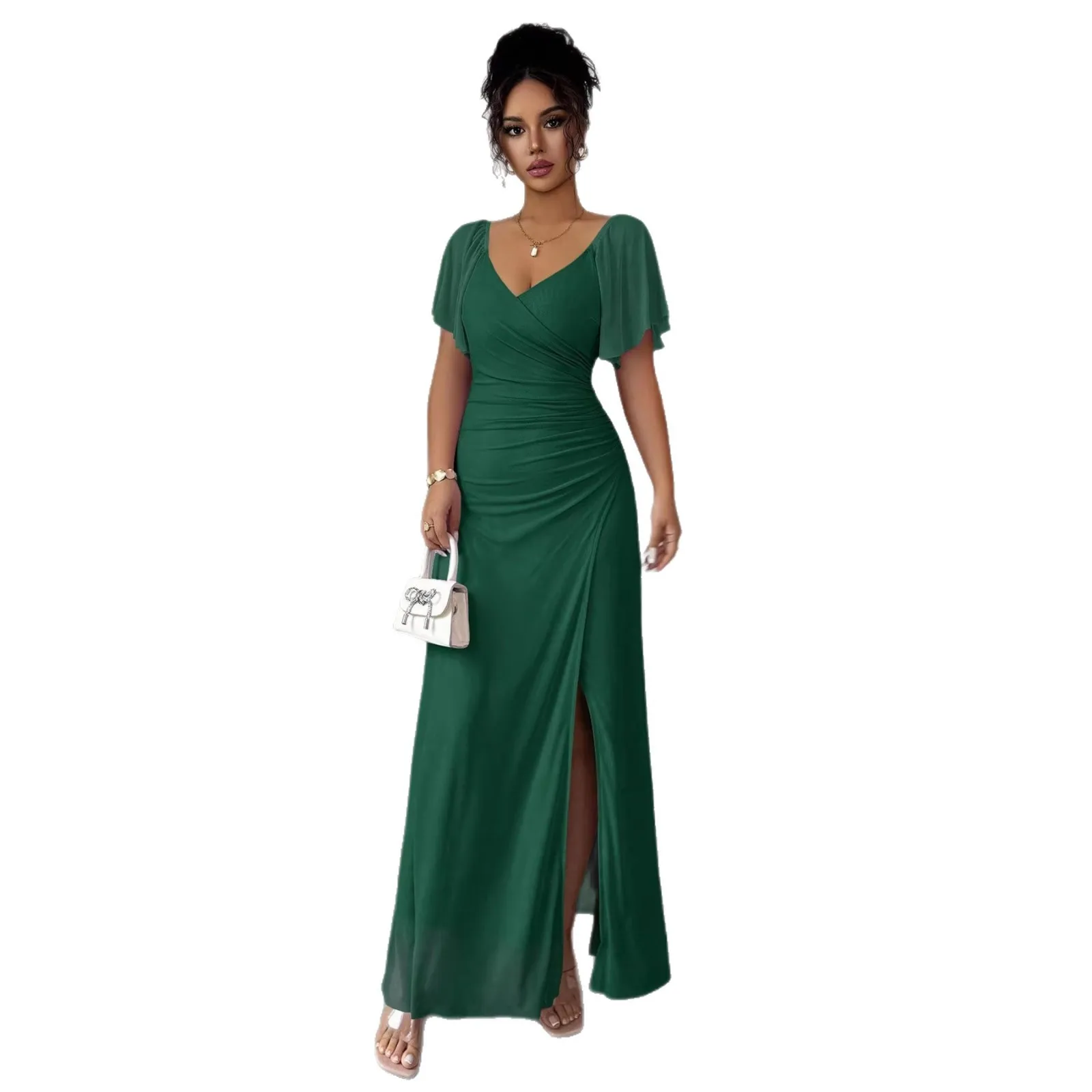 Patchwork Side Slit Gown Mid Waist Graceful with Slim Fit High Waist Slit Design V Neck Socialite Style Dress Summer for Women