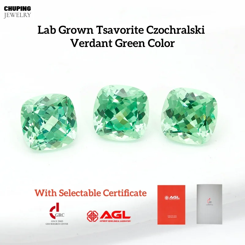 

New Cultivate Gemstone Lab Grown Tsavorite Viridity Green Color Czochralski Cushion Cut With AGL Certificate For Jewelry Making