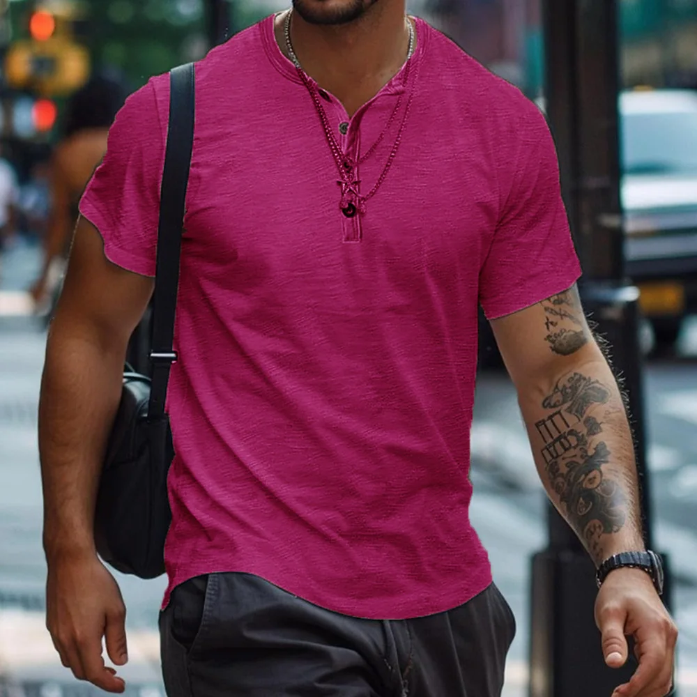 Free Print Your Logo Men's Summer Cotton Short-sleeved T-shirt Solid Color Henry Shirt Slim Fit T-shirts For Men Team Custom image 3