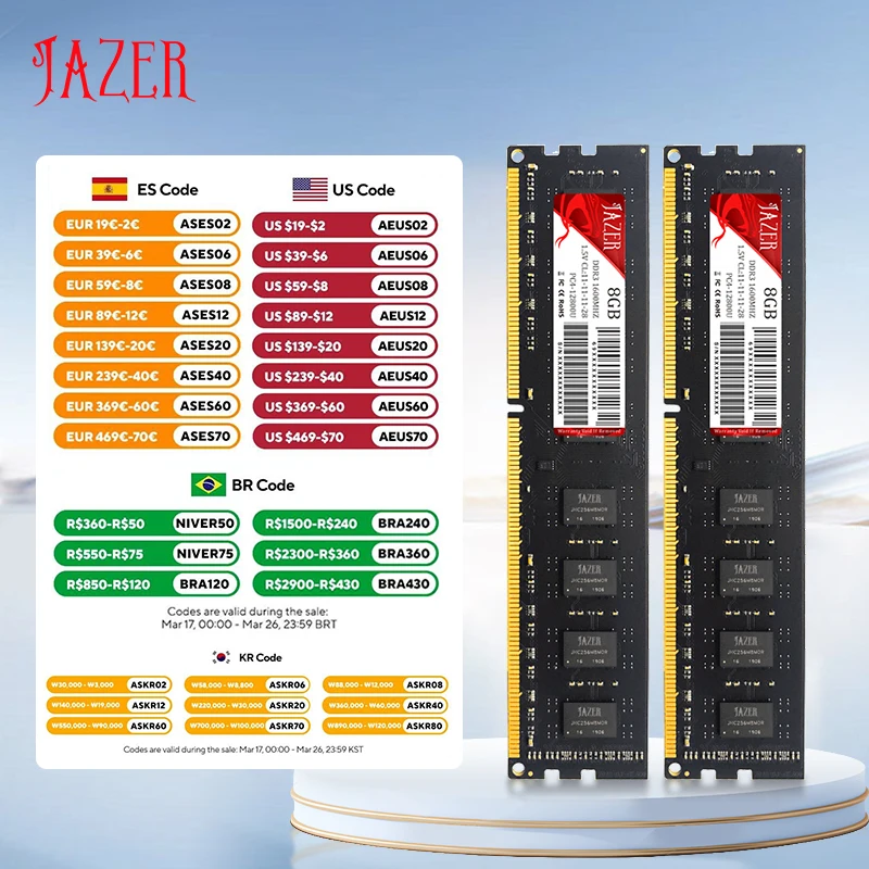 JAZER Memoria Rams DDR3 1600MHz New Dimm 1.5V Desktop Memory Compatible AMD And Intel