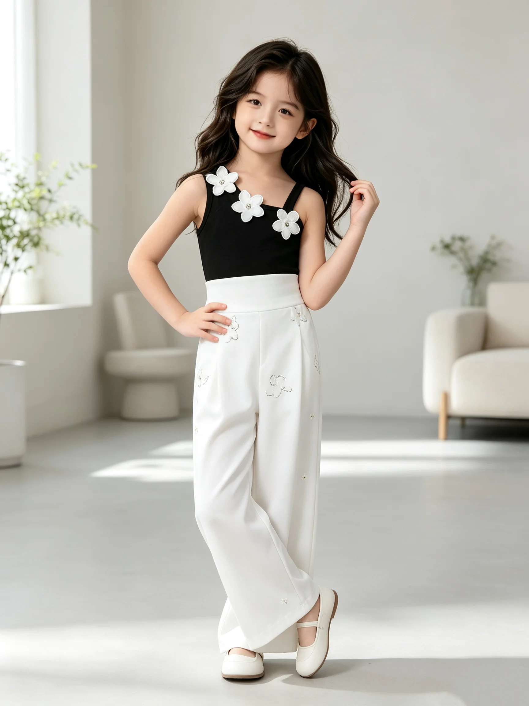 Girls Floral Slim-Fit Jumpsuit 3D Flower Ornament Comfort Stretch Fabric Preschool Casual Wear