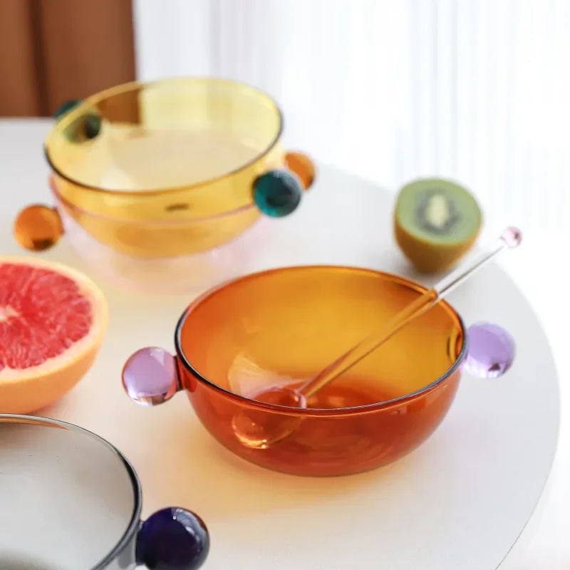 New Style Creative Two Tone Solid Color Material Glass Bowl With Two Ball Handles Amber Purple Grey Pink Green Yogurt Bowl