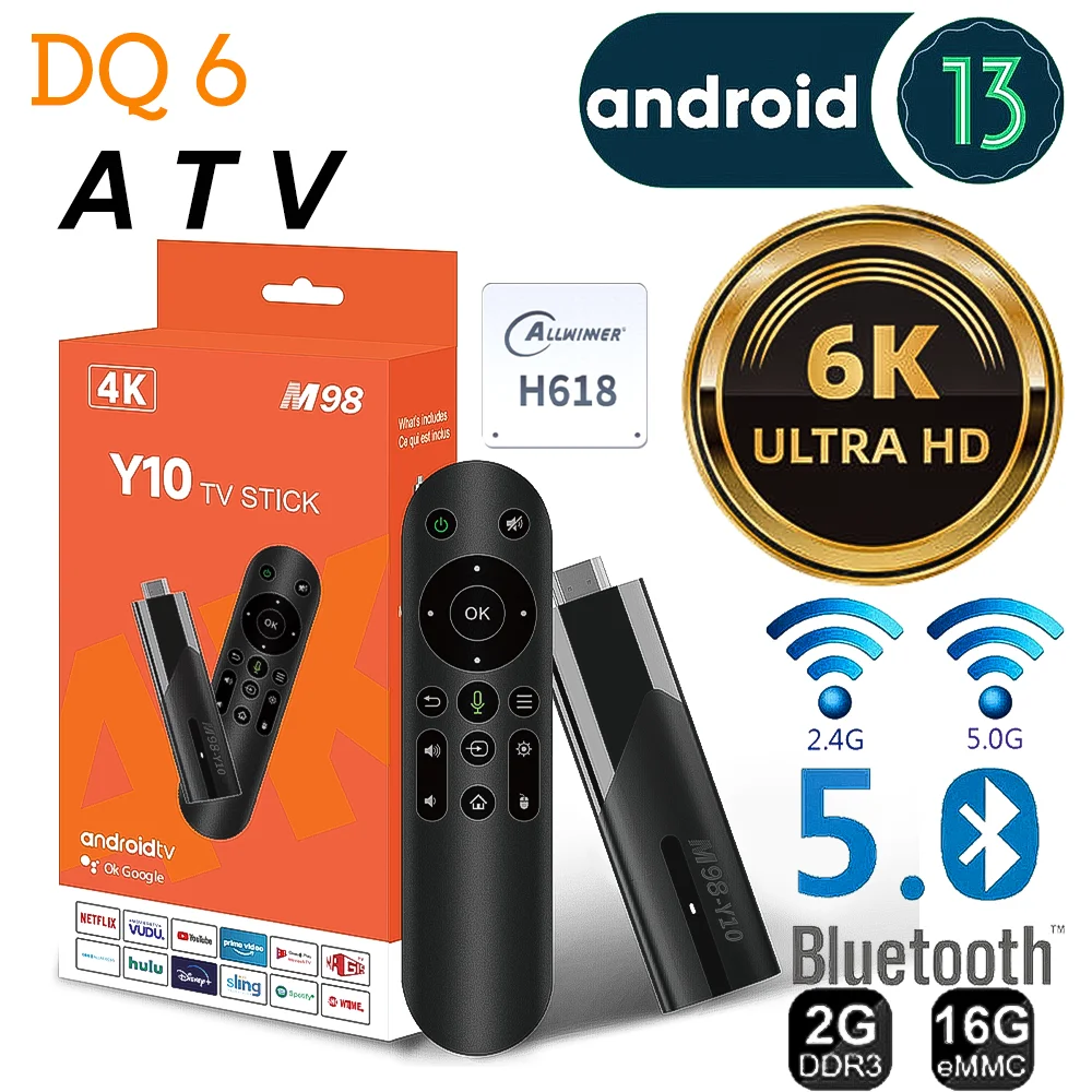 LEMFO Y10 ATV Mini TV Stick Android 13 Allwinner H618 Quad Core Cortex A53 6K HDR10+ 3D 2.4G&5.8G WIFI BT 5.0 USB Smart TV BOX