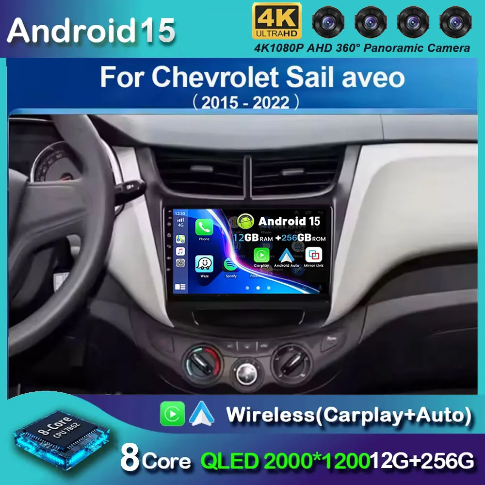 Android 15 Radio samochodowe Carplay dla Chevrolet Sail Aveo 2015 - 2019 Nawigacja GPS Video Auto Stereo Odtwarzacz multimedialny 5G Wifi