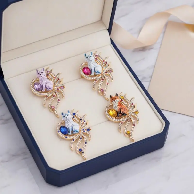 1Pcs Rhinestone Beautiful 9-tails Fox Spirit Party Casual Brooch Pin Charming Fox Brooches Gifts Coat Backpack Decor