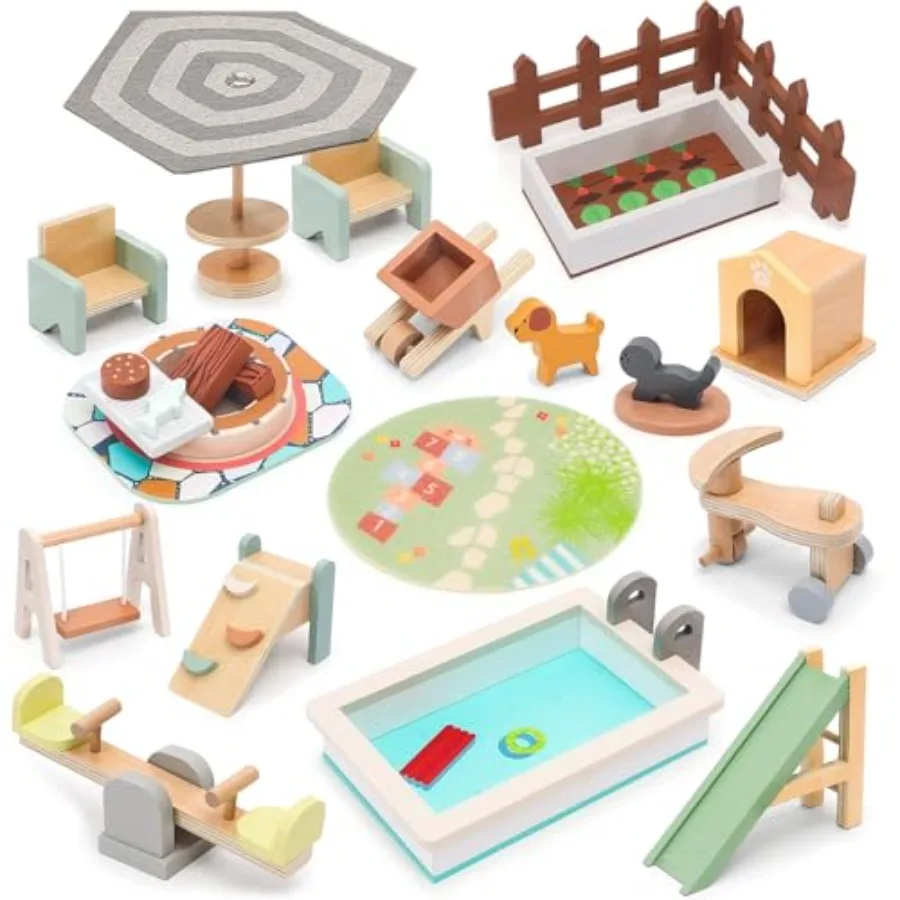 

Wooden Doll House Furniture and Accessories Play Set for - Includes Slide Swing BBQ Grill Pool and Garden - Perfect Doll House