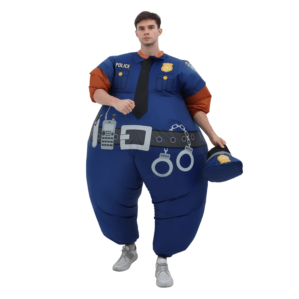 FXICH Traje De Policía Inflable Para Adultos, Disfraz De Carnaval Y Halloween, Talla 150-190 Cm, Con Ventilador Eléctrico De 9000 RPM, Azul