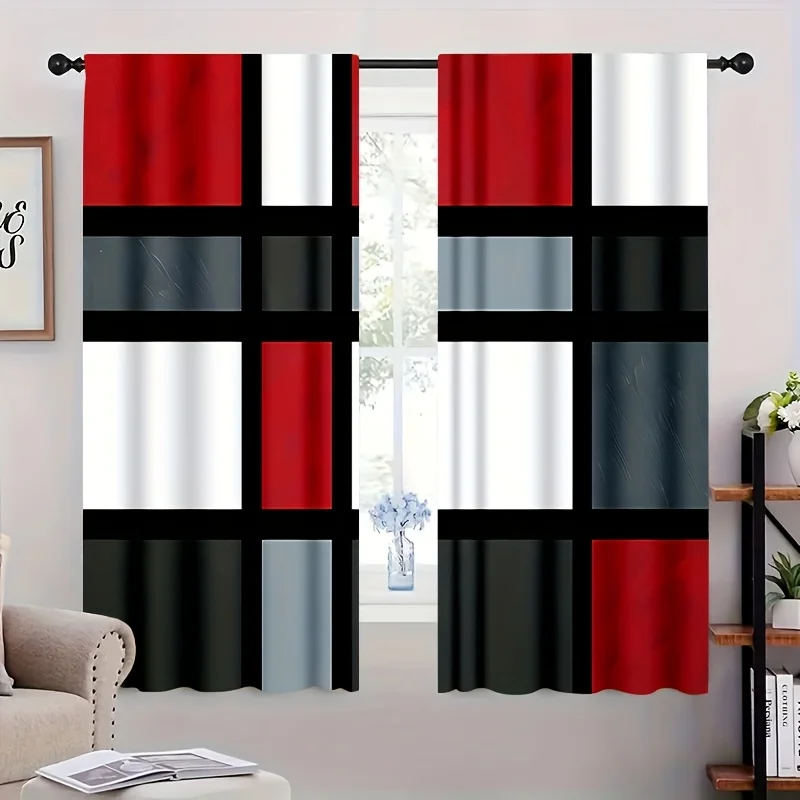 Four-color geometric color block design Print Drapes Room Darkening Window Curtains for Home Decor,Rod Pocket Blackout Curtains