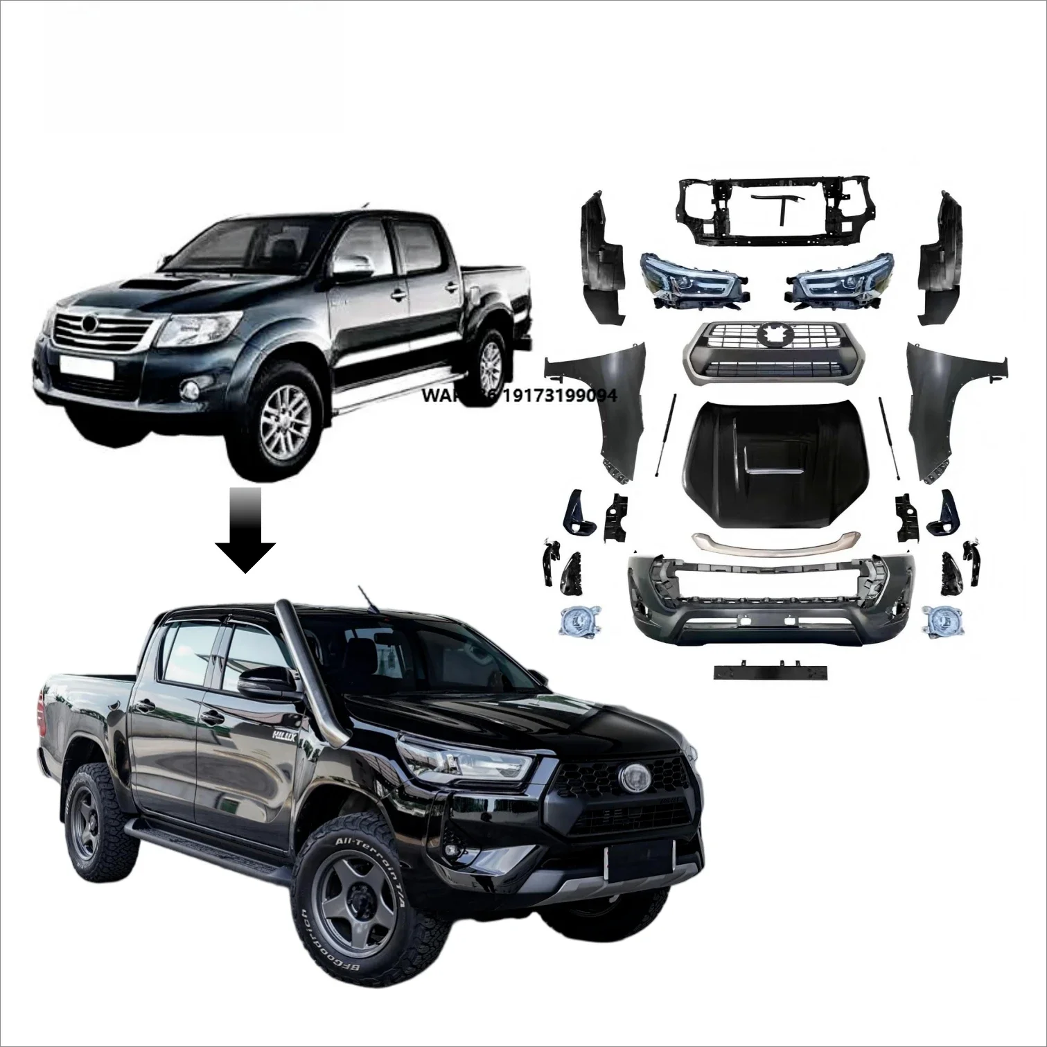 

High Quality Hilux Bodykit 2004-2015 Vigo Upgrade to Revo 2021 Style Plug Play Front Bumper with New Design Headlights