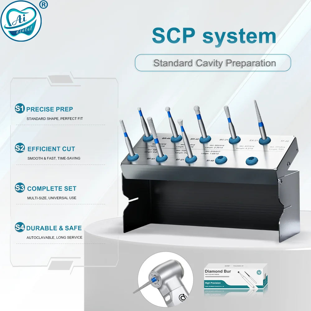 SCP System Dental High Speed Dia.1.6mm Diamond bur 19/21mm Length for Standard Preparation Cavity Polishing 10pcs/mix 8pcs Set