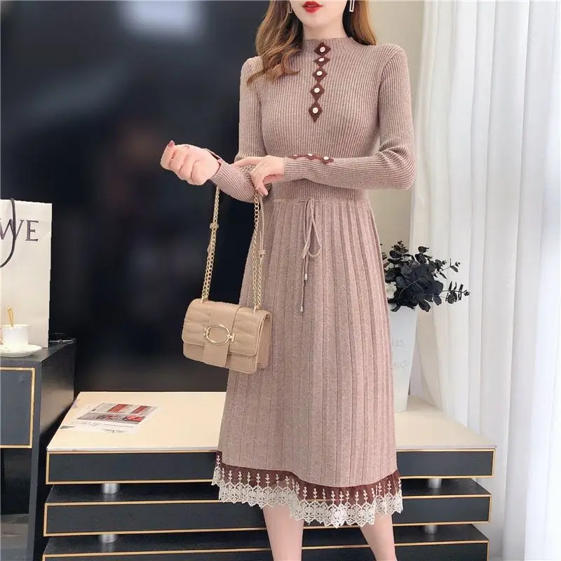 Elegant Stand Collar Spliced Bandage Lace Midi Dress Women\'s Clothing Autumn Winter Loose Knitted All-match Ladies Dresses